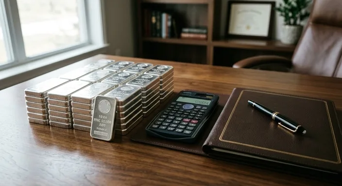 Stacks of silver bullion bars next to a calculator and a leather folder on a professional desk.