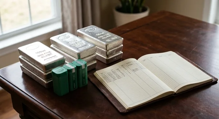 Professional inventory log next to stacks of 100oz silver bars and tubes of Silver Eagle coins on a wooden surface.