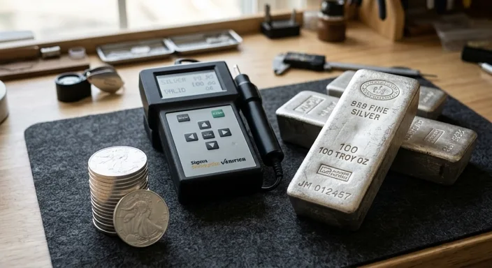 A professional silver bullion verification setup featuring a metal testing device, 100oz silver bars, and a stack of silver coins on a dark mat.