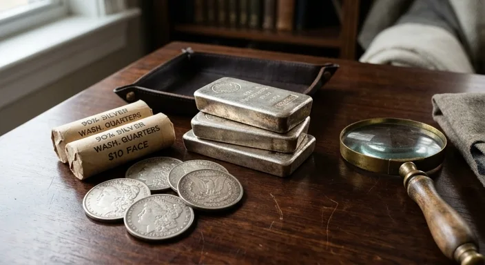 A collection of silver bars, rolls of quarters, and Morgan silver dollars with a magnifying glass on a mahogany table.