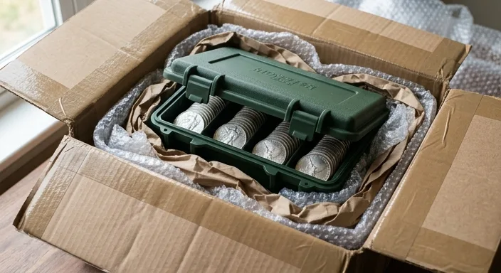 A securely packed green silver monster box inside a larger shipping box with heavy padding and reinforced tape.