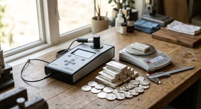 Silver verification tools including a Sigma Metalytics tester, digital scale, and calipers next to silver bars and coins.