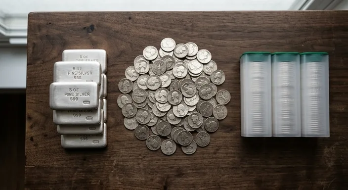 An organized overhead shot of silver bars, 90% silver quarters, and coin tubes on a dark wooden desk.