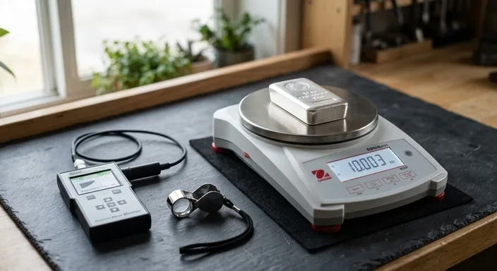 A professional silver appraisal setup featuring a 10 oz silver bar on a digital scale, a jeweler's loupe, and a Sigma Metalytics Verifier on a dark surface.