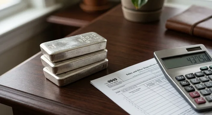 A stack of silver bullion bars next to tax forms and a calculator on a professional desk.